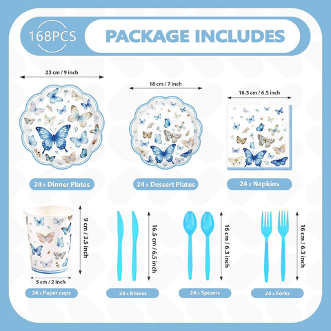 Blue butterfly party cups with matching cutlery in a coordinated set