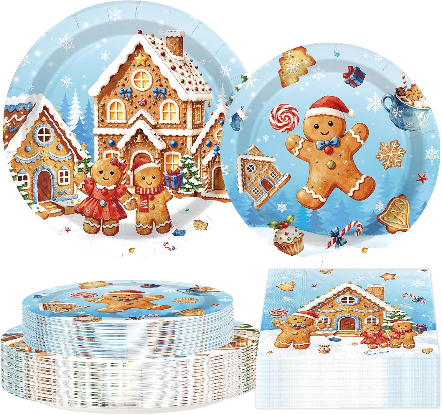 Grencian 200Pcs Blue Gingerbread Man Plates and Napkins Set - Grencian