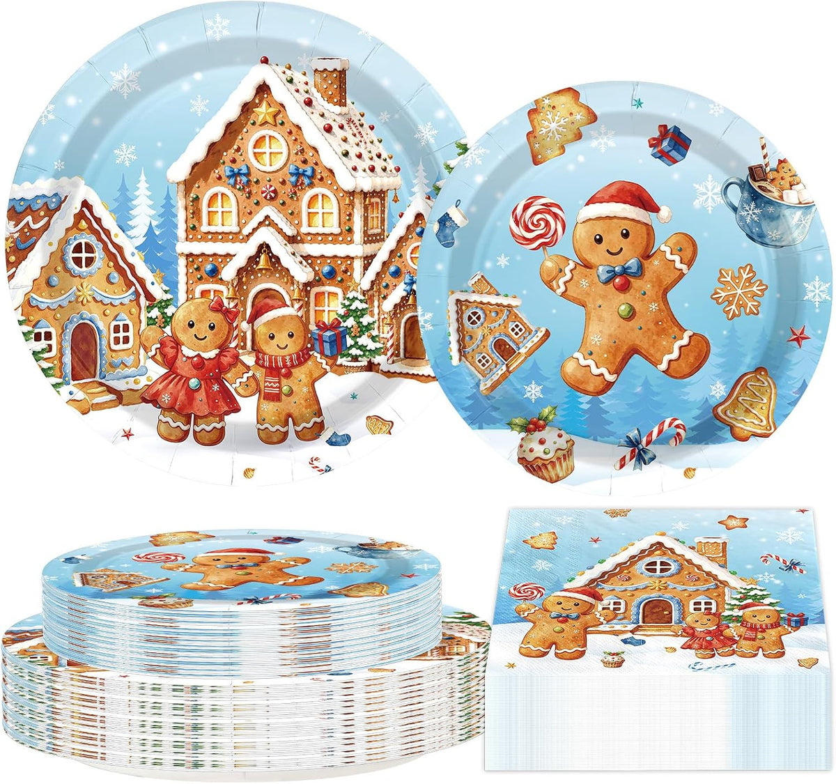 Grencian 200Pcs Blue Gingerbread Man Plates and Napkins Set - Grencian