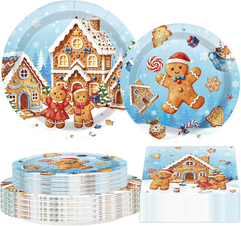 Grencian 200Pcs Blue Gingerbread Man Plates and Napkins Set - Grencian
