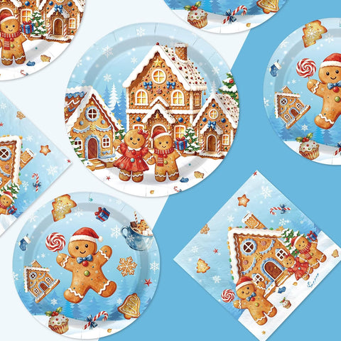 Grencian 200Pcs Blue Gingerbread Man Plates and Napkins Set - Grencian
