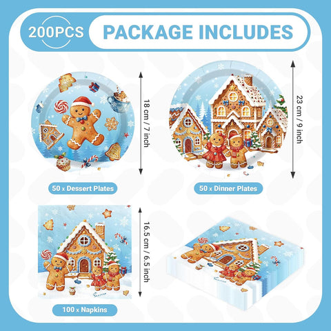 Grencian 200Pcs Blue Gingerbread Man Plates and Napkins Set - Grencian