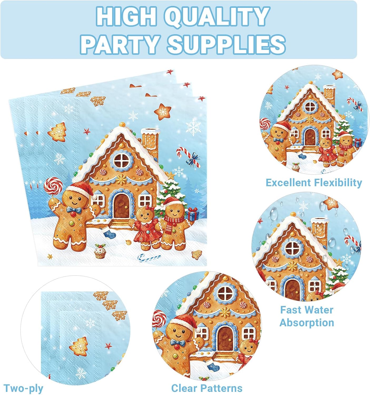 Grencian 200Pcs Blue Gingerbread Man Plates and Napkins Set - Grencian