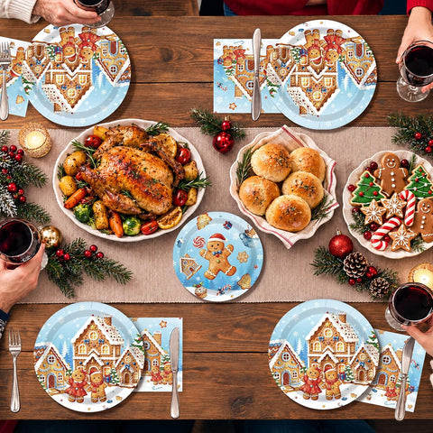 Grencian 200Pcs Blue Gingerbread Man Plates and Napkins Set - Grencian