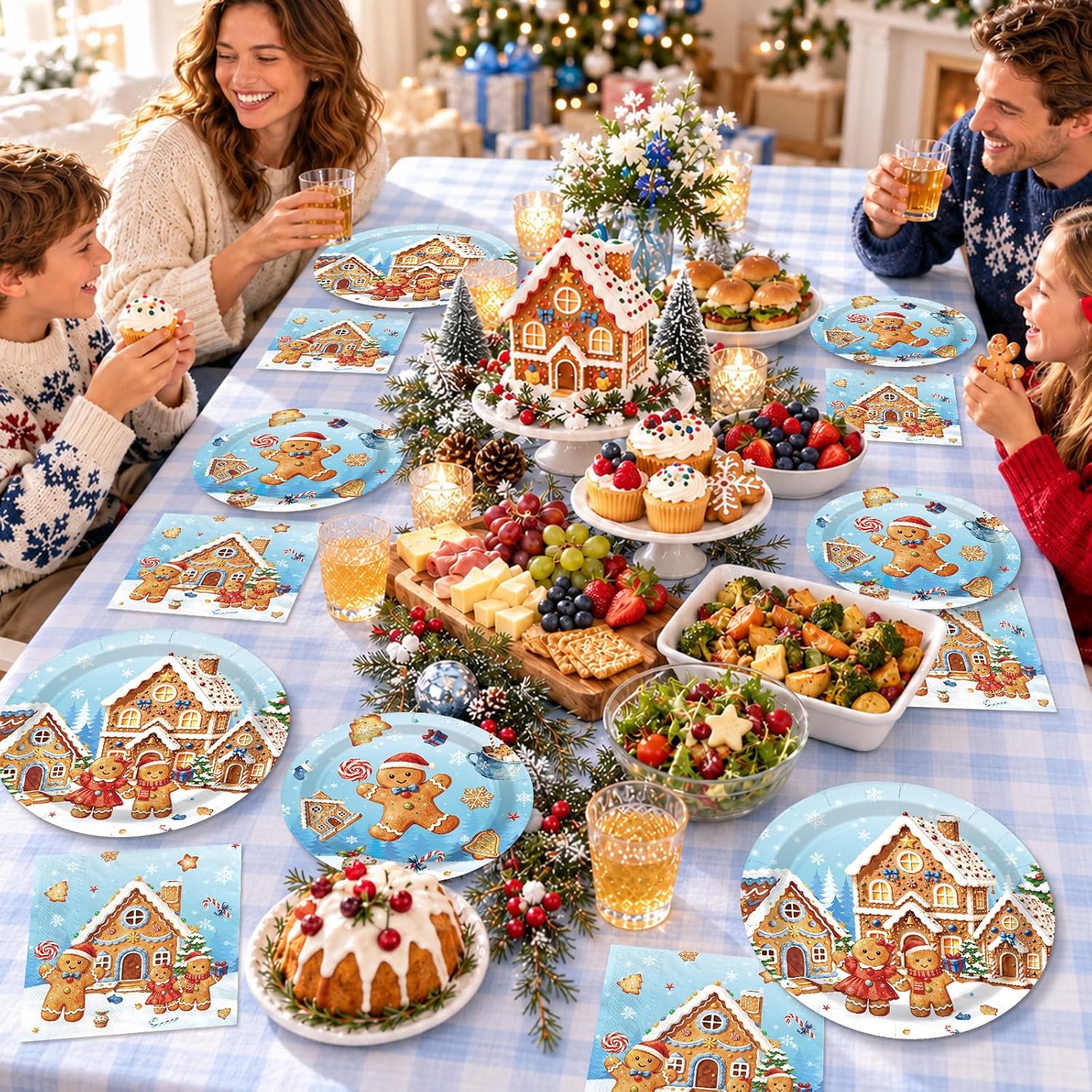 Grencian 200Pcs Blue Gingerbread Man Plates and Napkins Set - Grencian