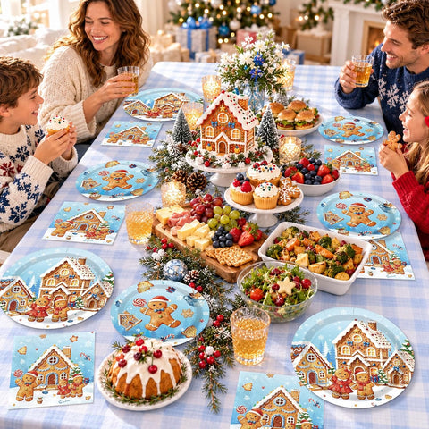 Grencian 200Pcs Blue Gingerbread Man Plates and Napkins Set - Grencian