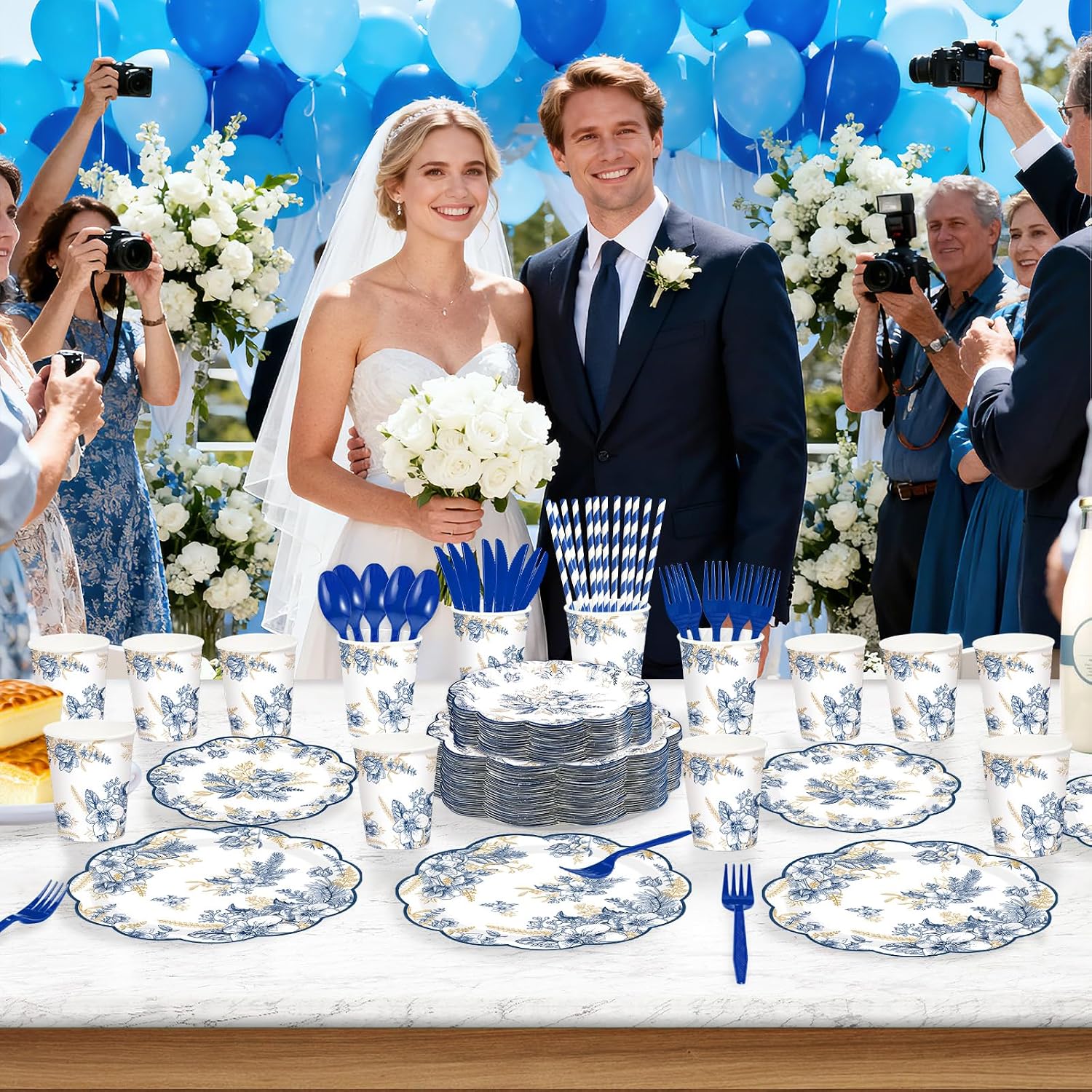 400Pcs Blue Gold Floral Party Decorations Serves 50 - Grencian
