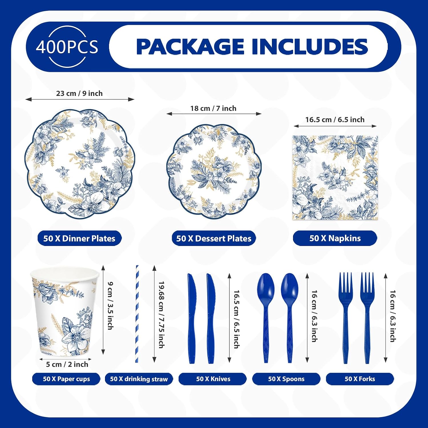 400Pcs Blue Gold Floral Party Decorations Serves 50 - Grencian