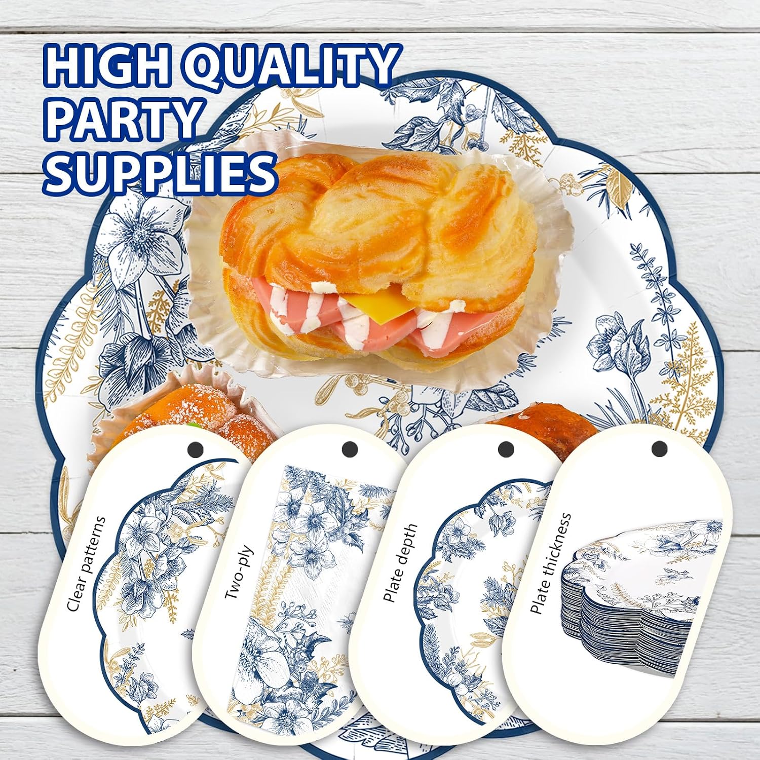 400Pcs Blue Gold Floral Party Decorations Serves 50 - Grencian