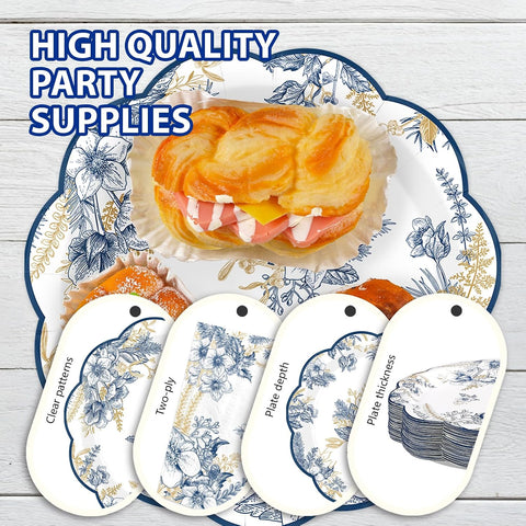 400Pcs Blue Gold Floral Party Decorations Serves 50 - Grencian