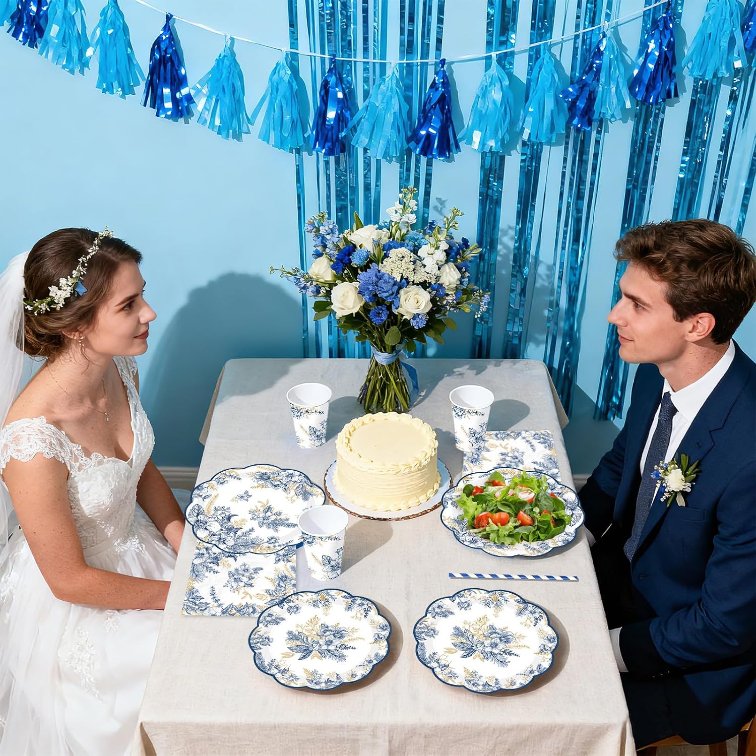 400Pcs Blue Gold Floral Party Decorations Serves 50 - Grencian
