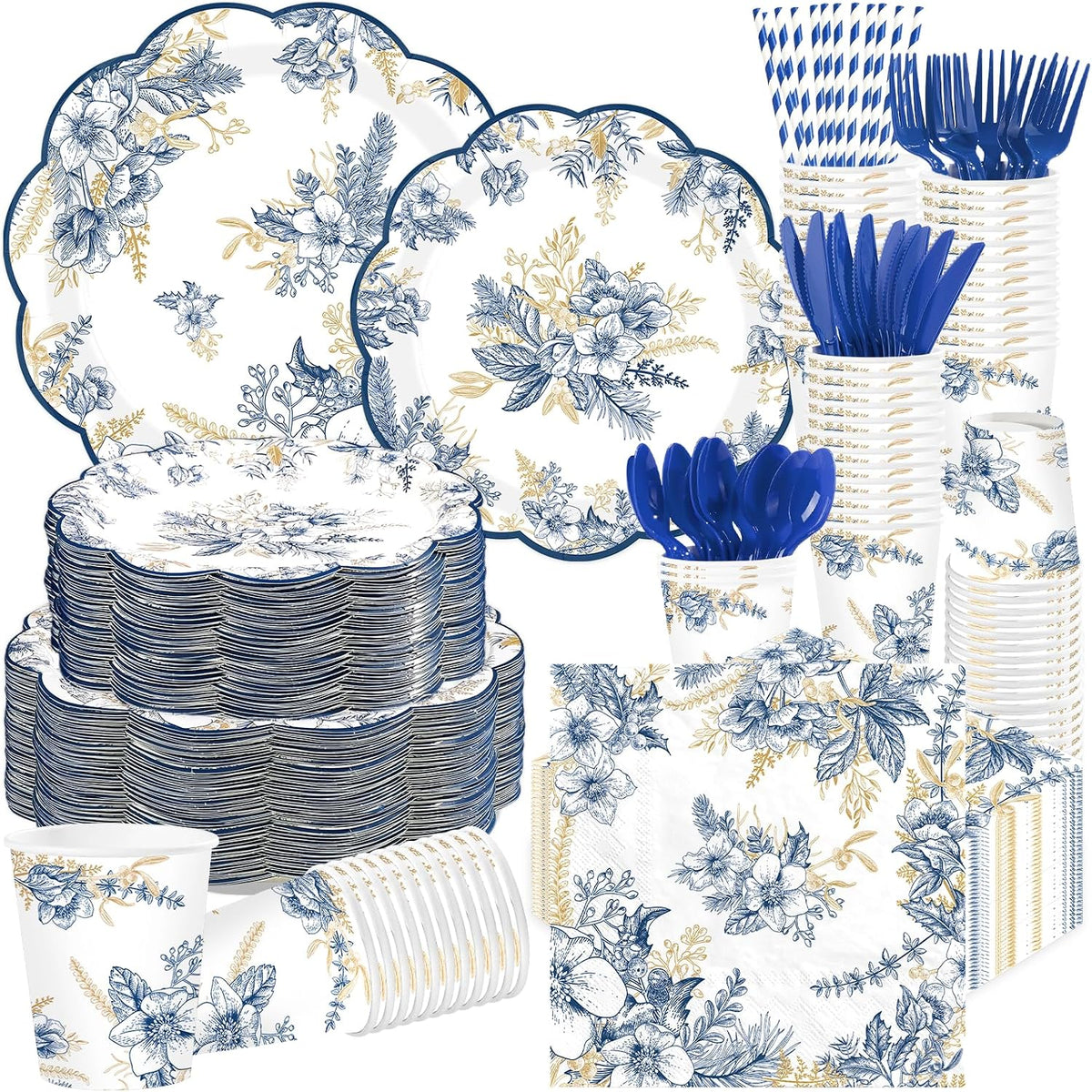 400Pcs Blue Gold Floral Party Decorations Serves 50 - Grencian