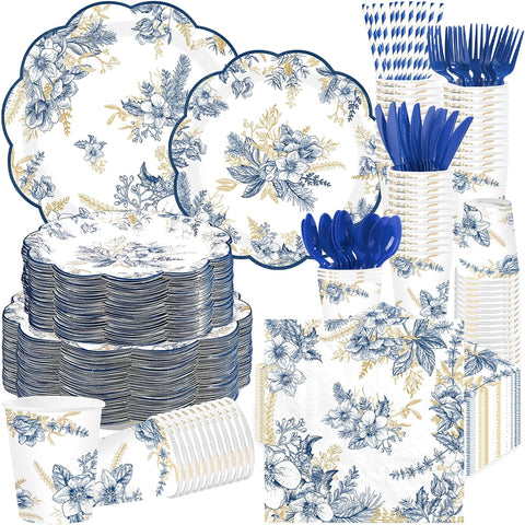 400Pcs Blue Gold Floral Party Decorations Serves 50 - Grencian