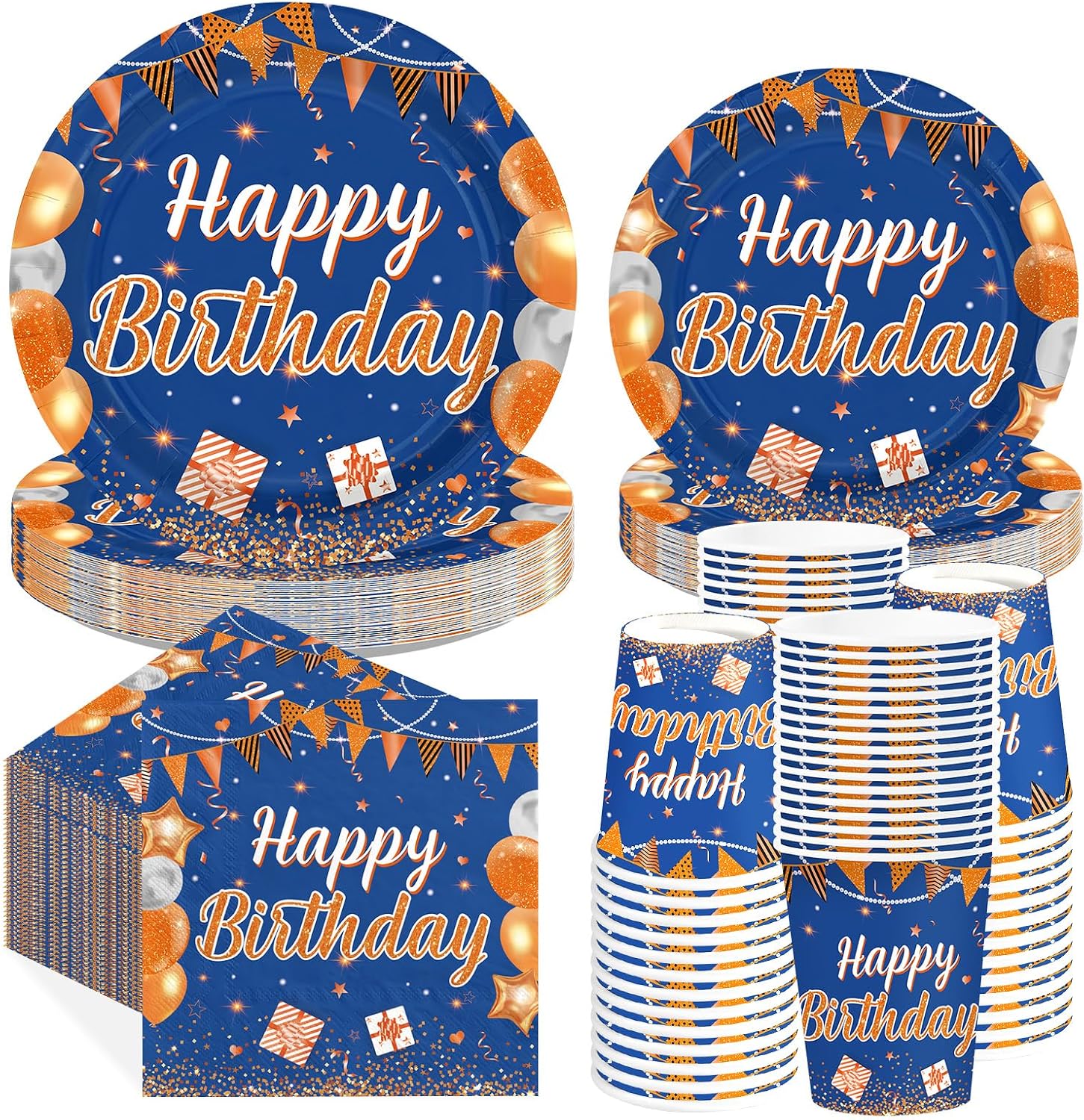 250Pcs Blue Orange Birthday Party Supplies Serves 50 - Grencian