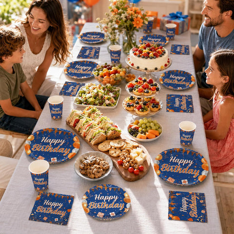 250Pcs Blue Orange Birthday Party Supplies Serves 50 - Grencian