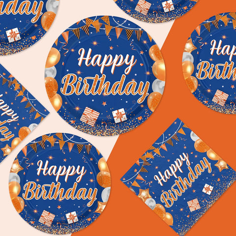 250Pcs Blue Orange Birthday Party Supplies Serves 50 - Grencian