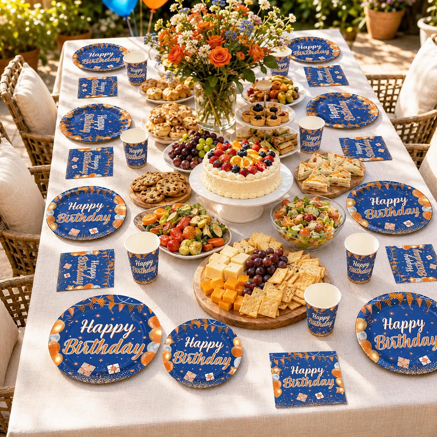 250Pcs Blue Orange Birthday Party Supplies Serves 50 - Grencian