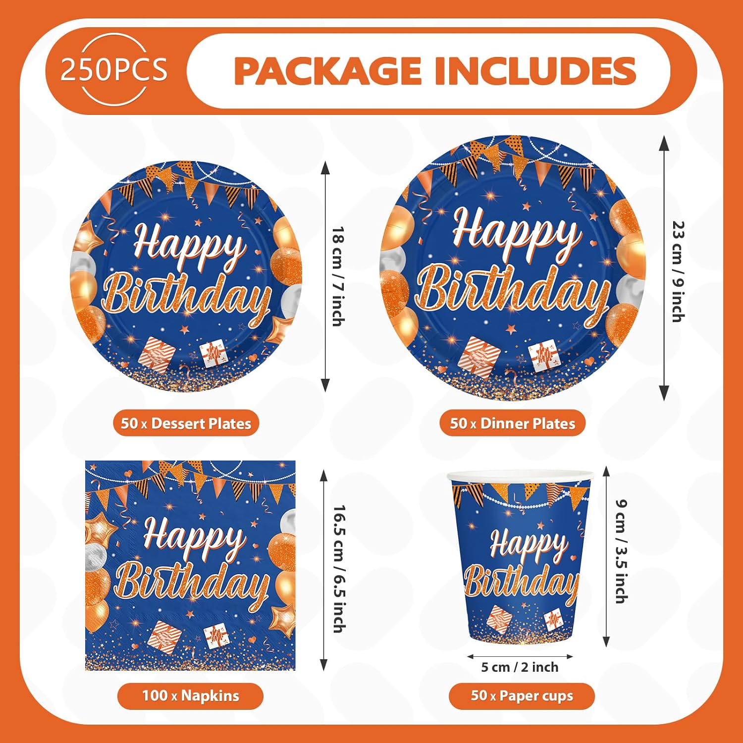 250Pcs Blue Orange Birthday Party Supplies Serves 50 - Grencian
