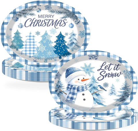 50Pcs Christmas Oval Paper Plates 10x12 Blue Plaid - Grencian