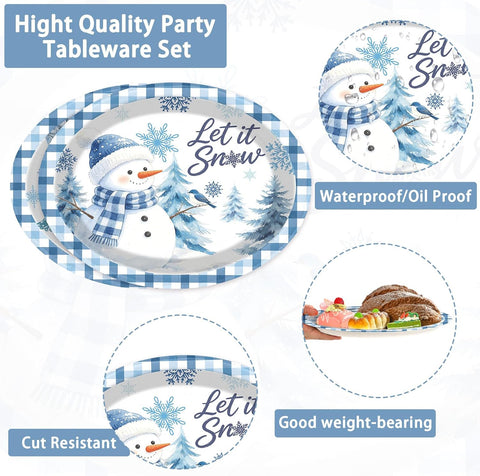 50Pcs Christmas Oval Paper Plates 10x12 Blue Plaid - Grencian