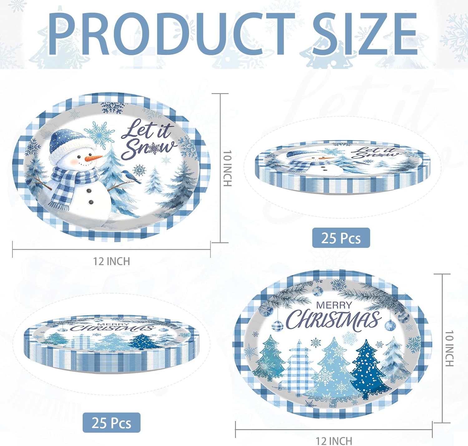 50Pcs Christmas Oval Paper Plates 10x12 Blue Plaid - Grencian