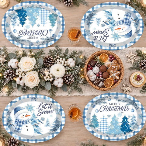 50Pcs Christmas Oval Paper Plates 10x12 Blue Plaid - Grencian