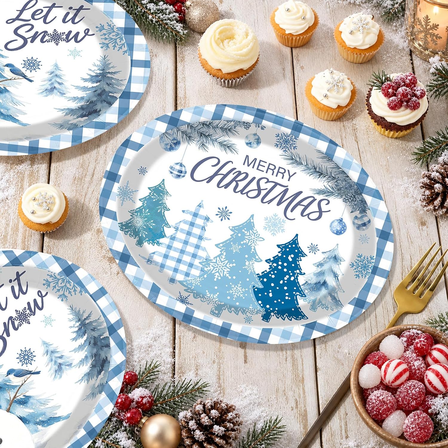 50Pcs Christmas Oval Paper Plates 10x12 Blue Plaid - Grencian