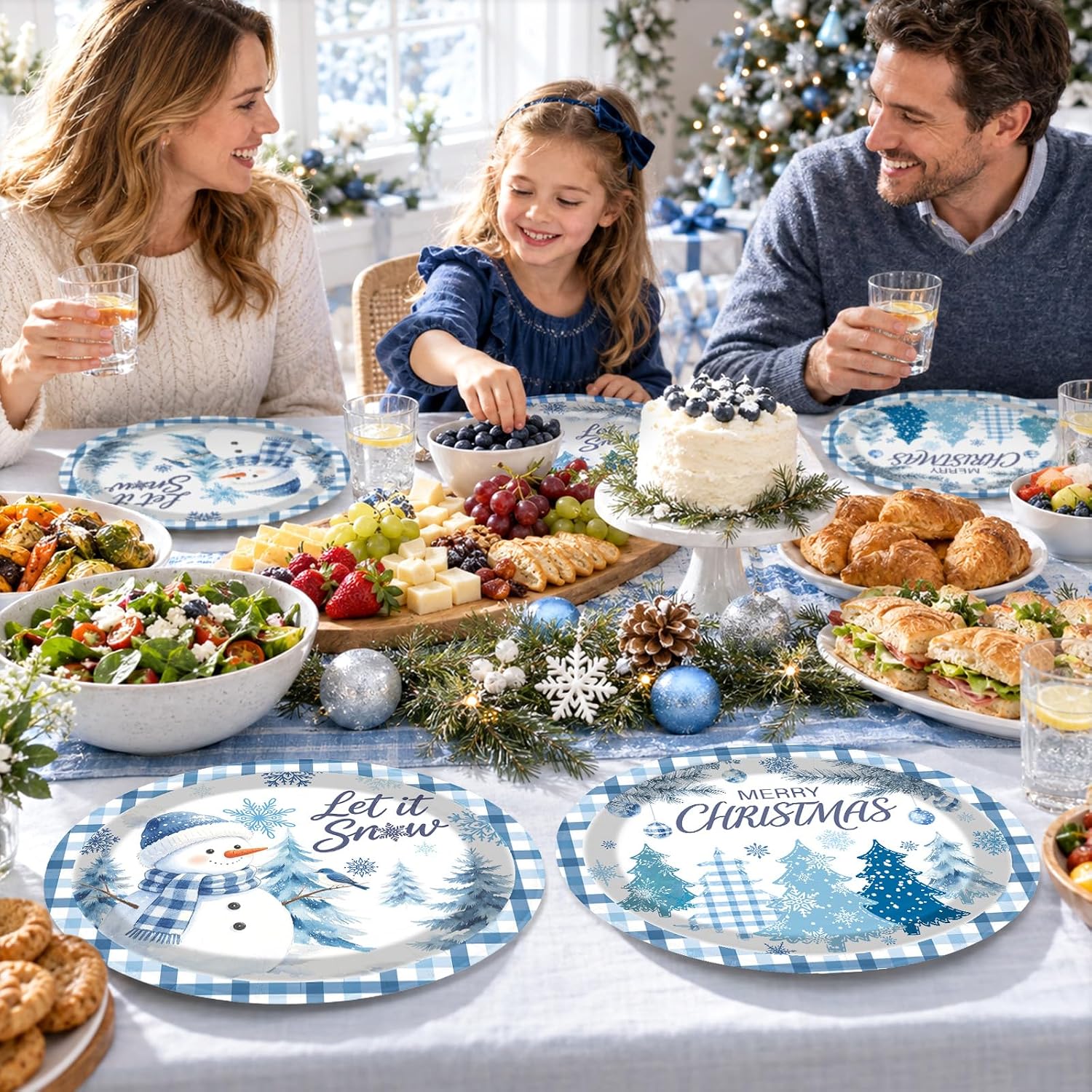 50Pcs Christmas Oval Paper Plates 10x12 Blue Plaid - Grencian