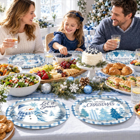50Pcs Christmas Oval Paper Plates 10x12 Blue Plaid - Grencian
