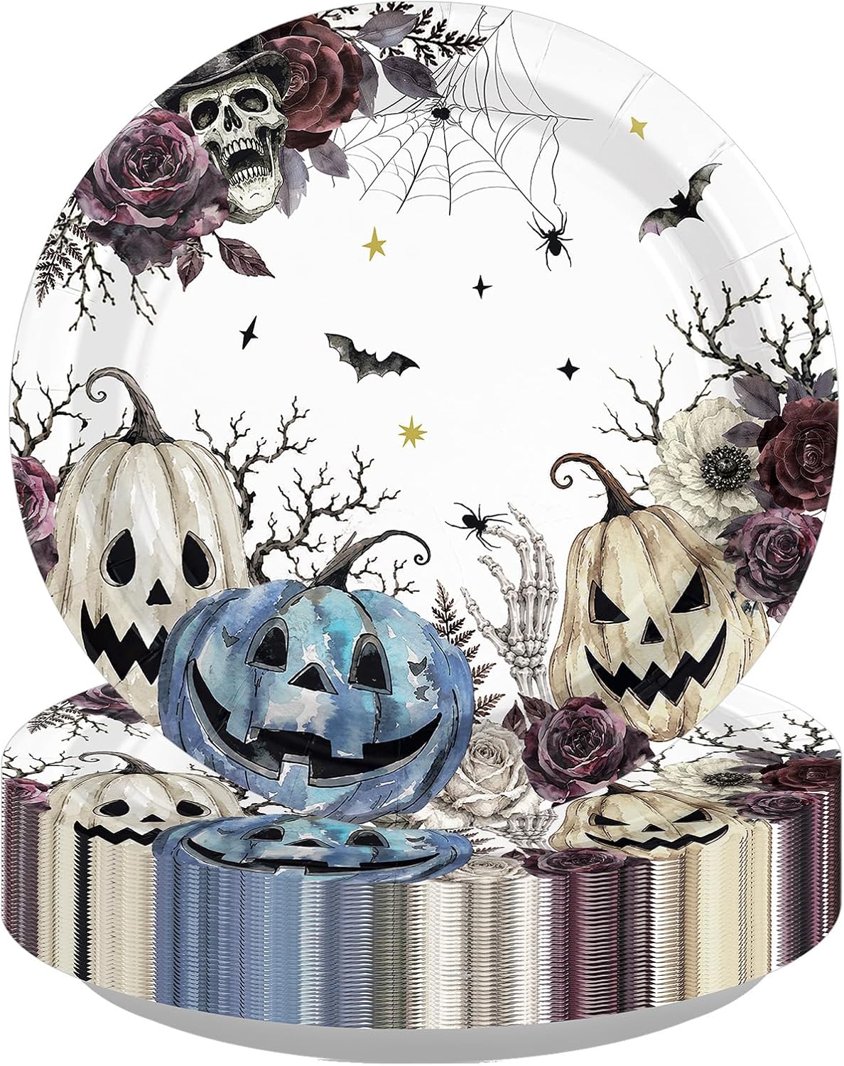 Grencian 50Pcs blue pumpkin floral Halloween paper plates 9 inch