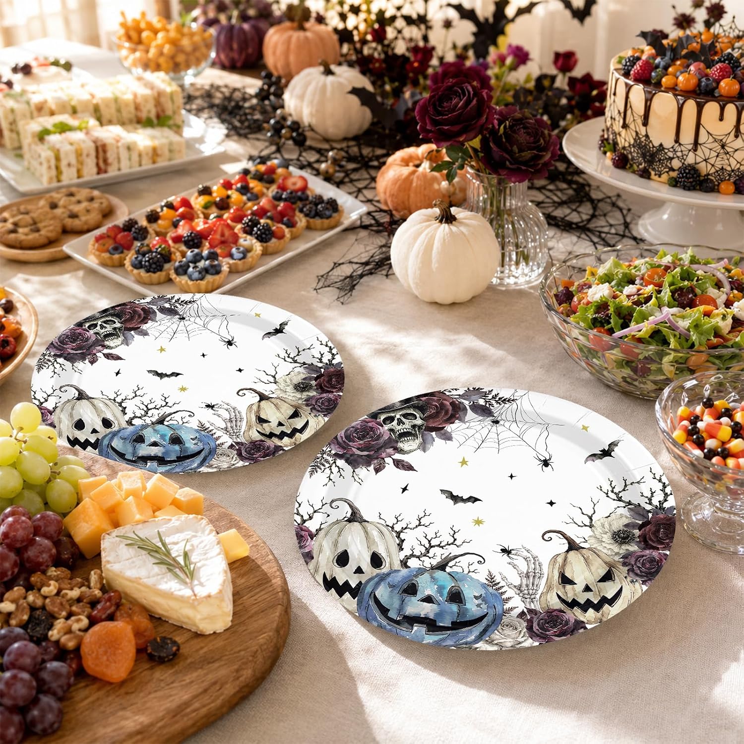 Fall table styled with the blue pumpkin floral plates