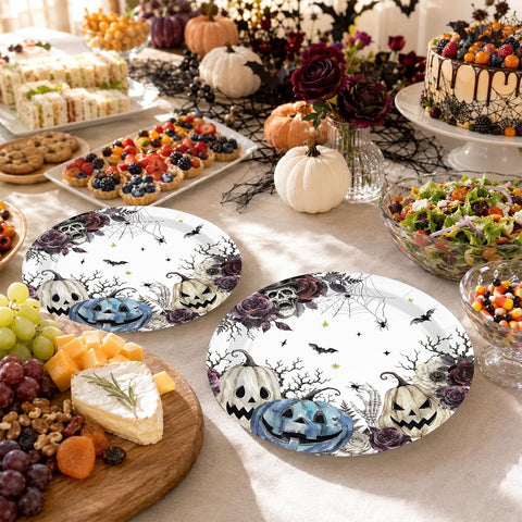 Fall table styled with the blue pumpkin floral plates