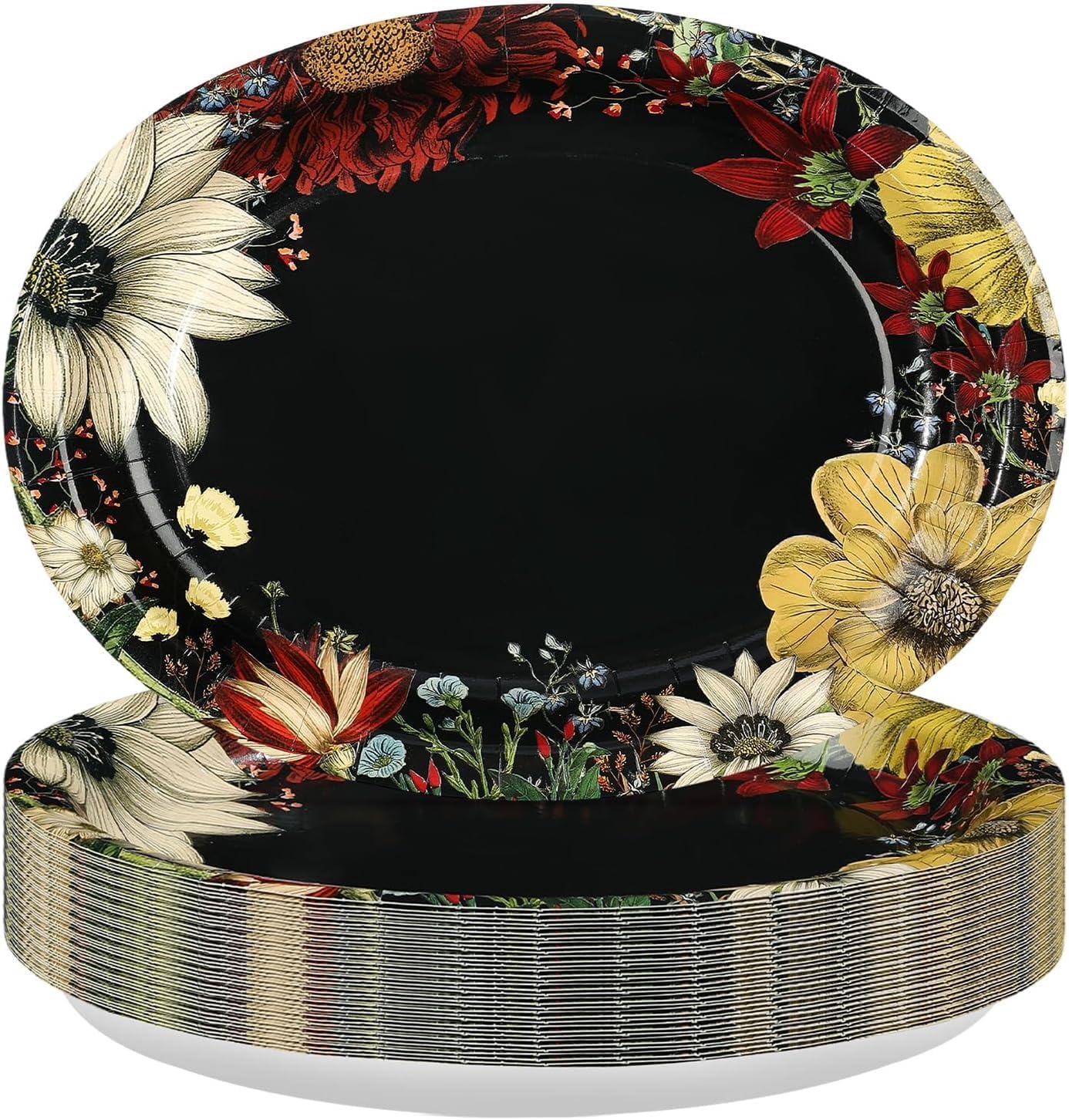 Black boho floral oval paper plates 12 by 10 inch stacked