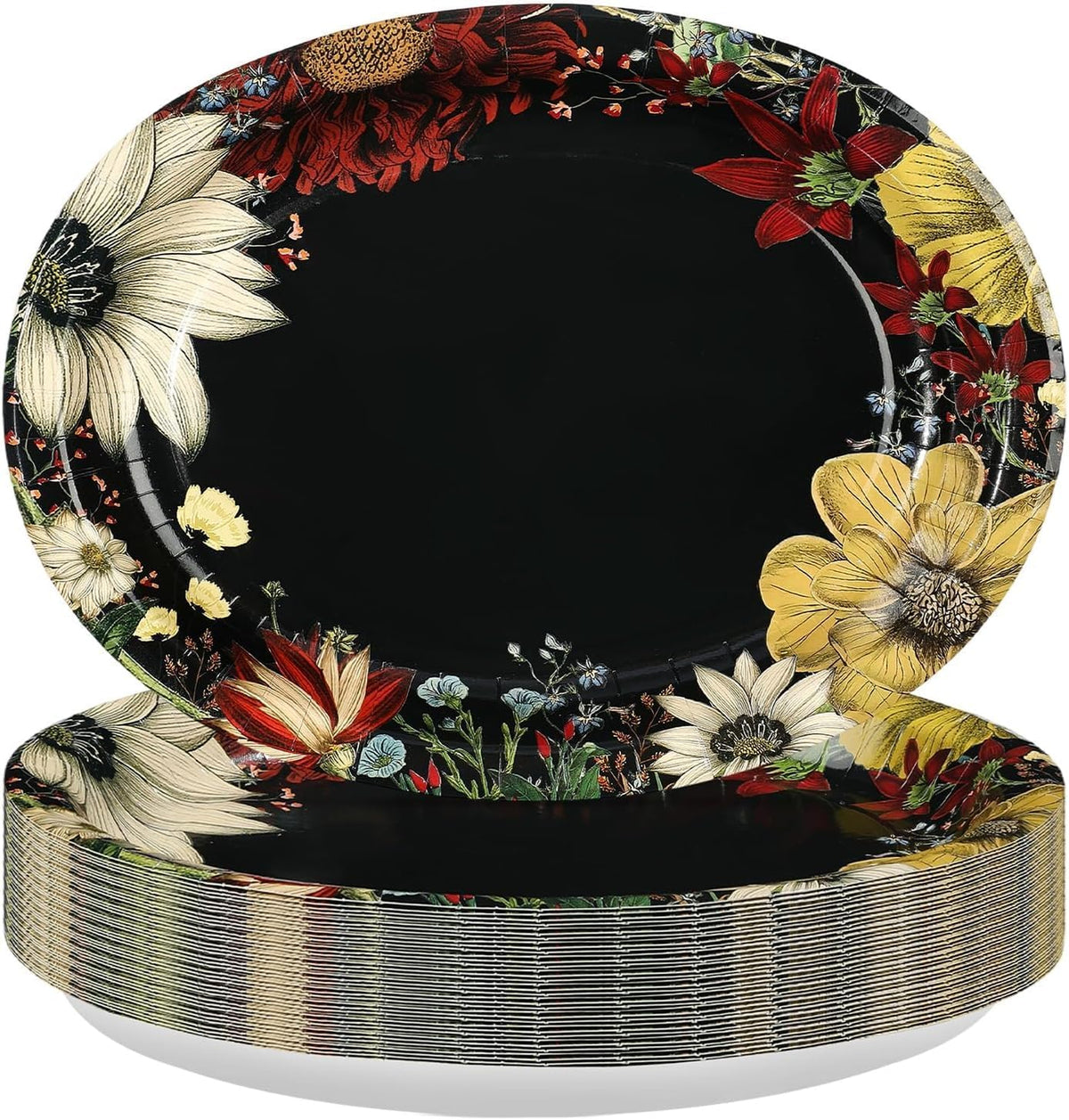 Black boho floral oval paper plates 12 by 10 inch stacked