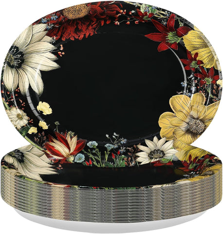 Black boho floral oval paper plates 12 by 10 inch stacked