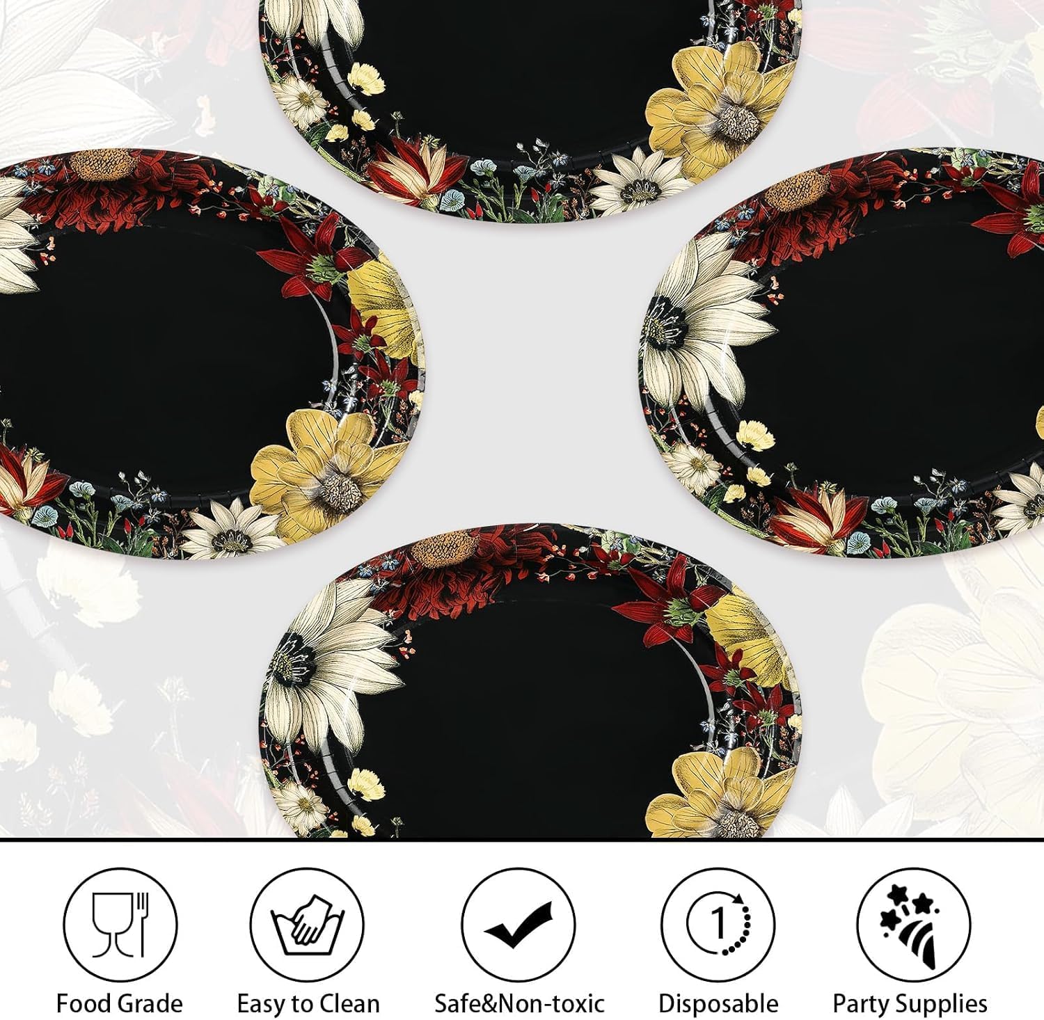 50 piece black floral oval plate stack