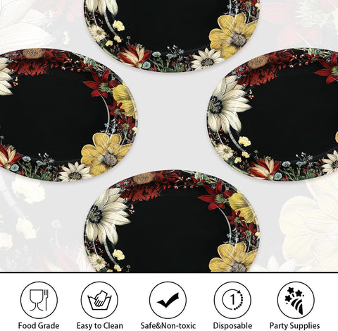 50 piece black floral oval plate stack