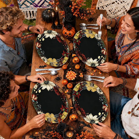 Full set of black boho floral oval plates
