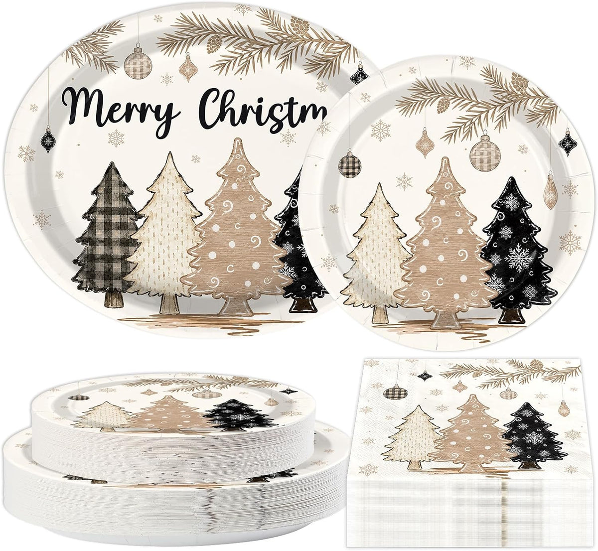 Grencian 150Pcs Brown Pine Tree Christmas Plates and Napkins - Grencian