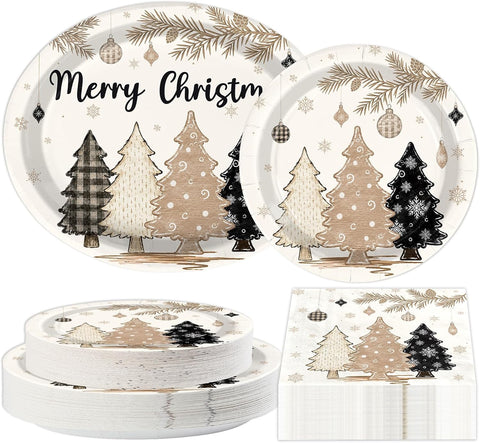 Grencian 150Pcs Brown Pine Tree Christmas Plates and Napkins - Grencian