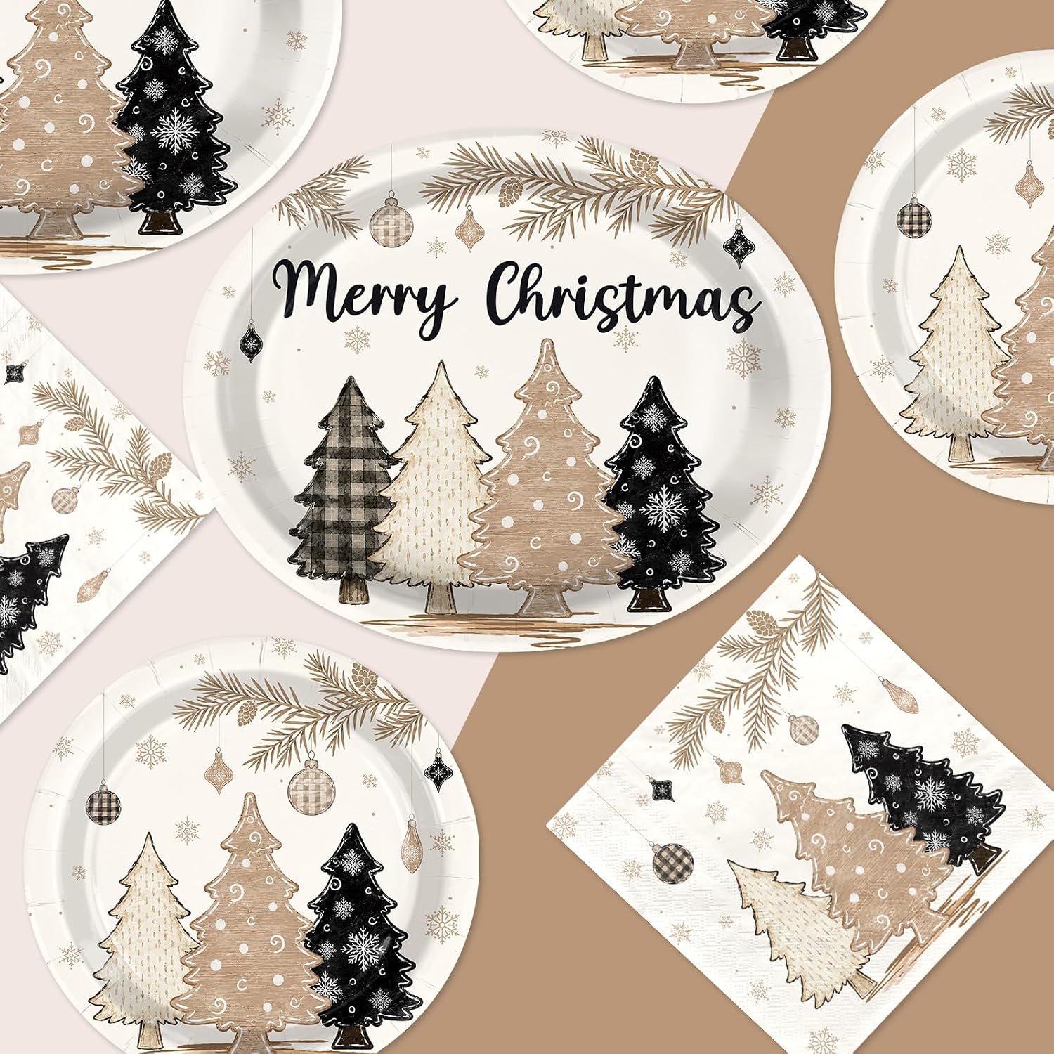 Grencian 150Pcs Brown Pine Tree Christmas Plates and Napkins - Grencian