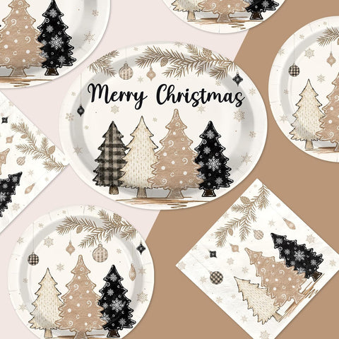 Grencian 150Pcs Brown Pine Tree Christmas Plates and Napkins - Grencian