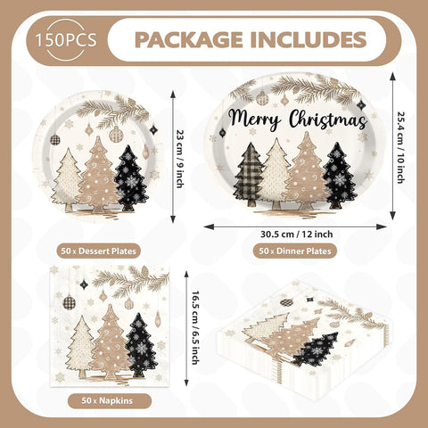 Grencian 150Pcs Brown Pine Tree Christmas Plates and Napkins - Grencian