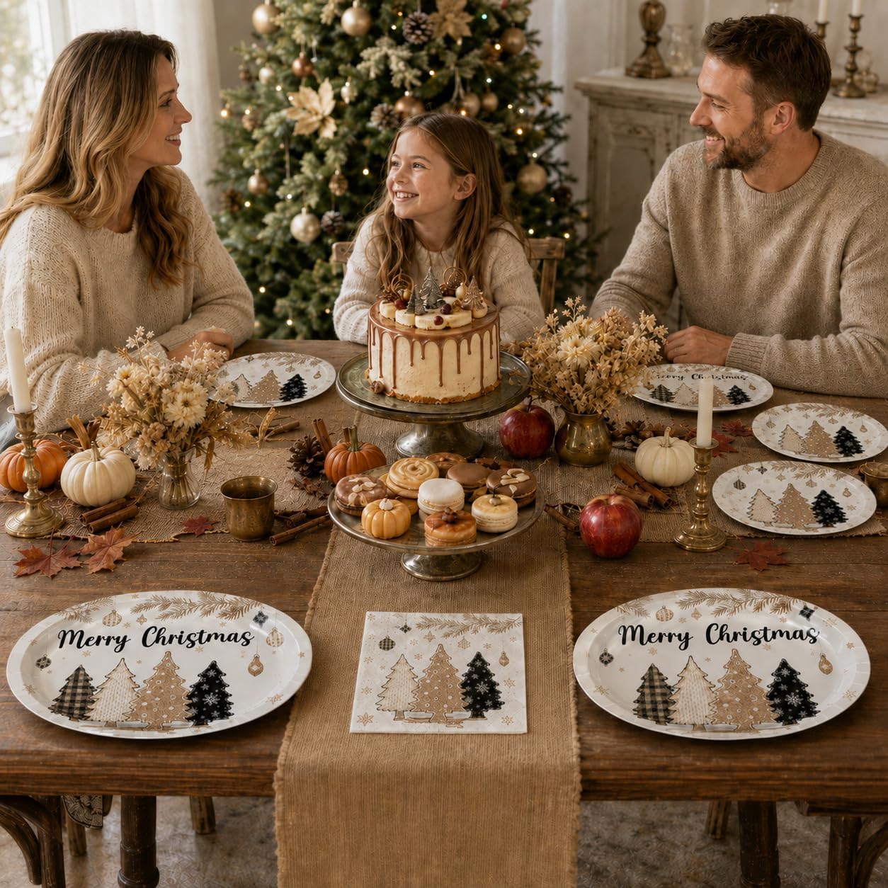 Grencian 150Pcs Brown Pine Tree Christmas Plates and Napkins - Grencian