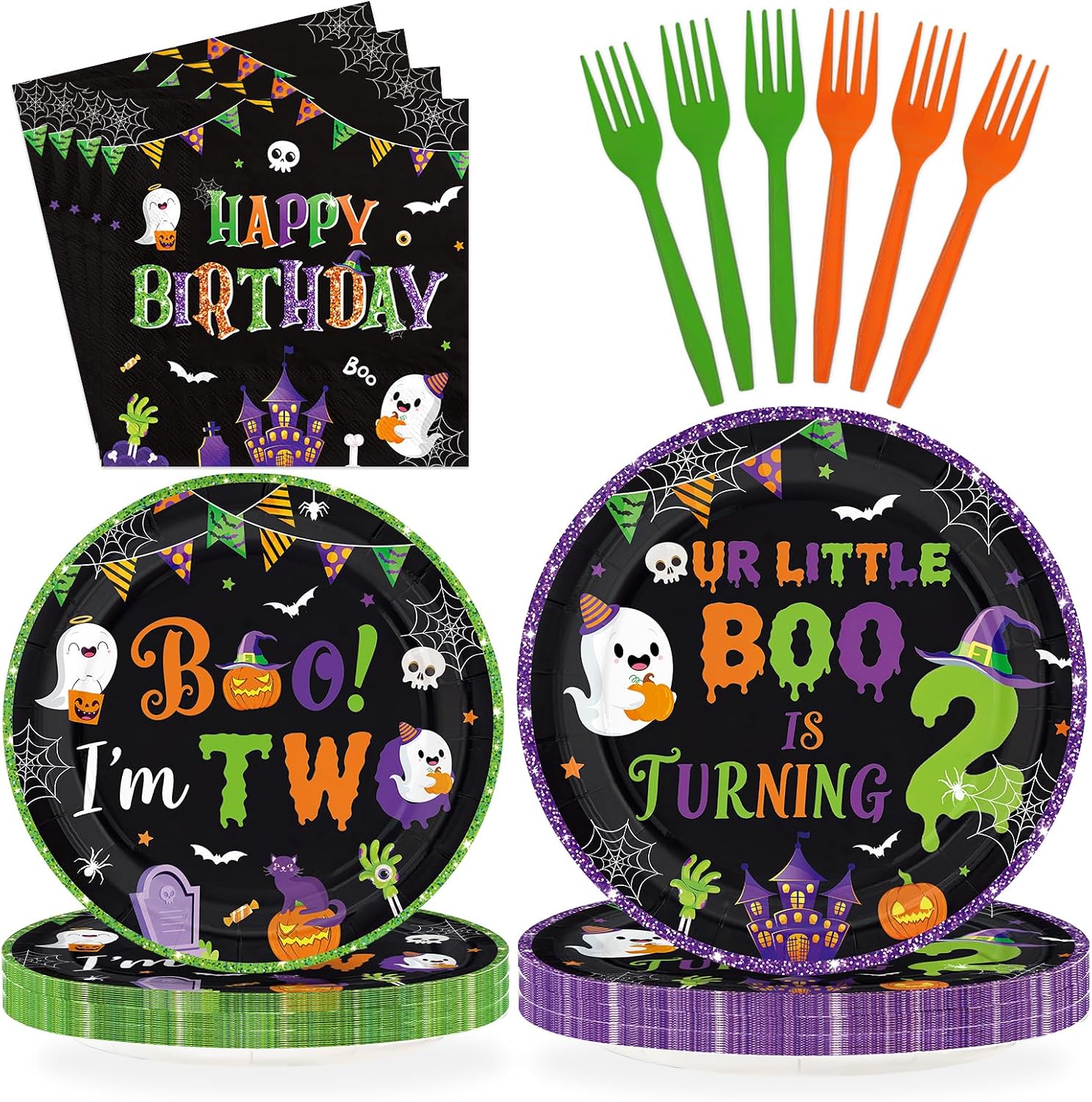 Grencian 96Pcs Halloween Boo I'm Two 2nd Birthday Set