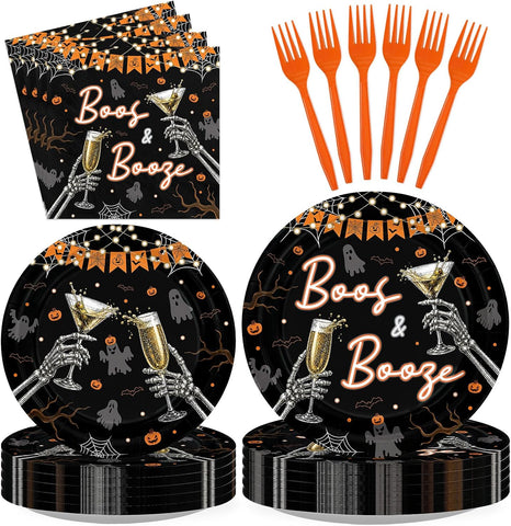 Greencian 96Pcs Halloween Boos and Booze Plates and Napkins - Grencian