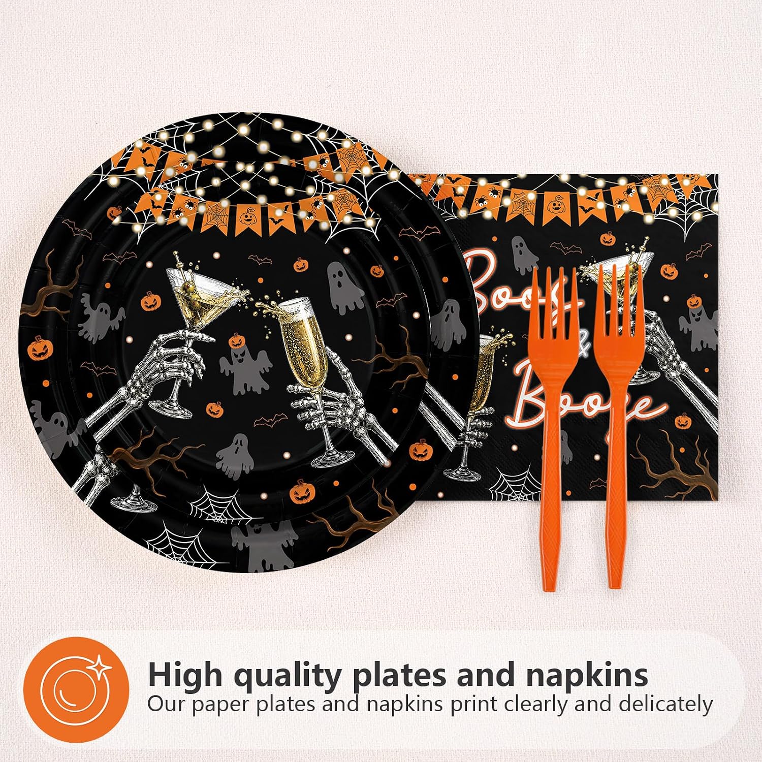 Greencian 96Pcs Halloween Boos and Booze Plates and Napkins - Grencian