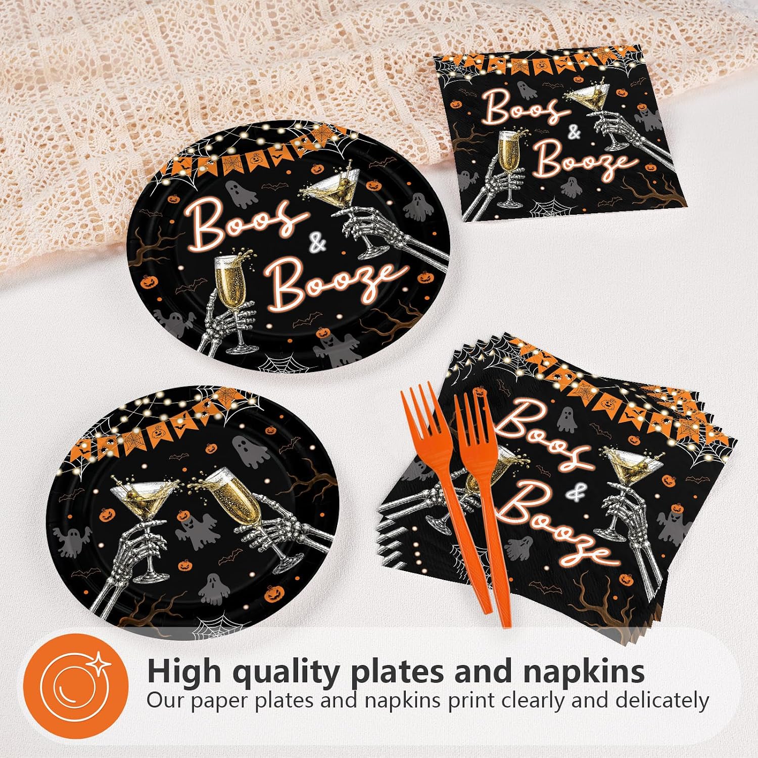 Greencian 96Pcs Halloween Boos and Booze Plates and Napkins - Grencian