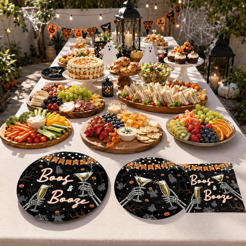 Greencian 96Pcs Halloween Boos and Booze Plates and Napkins - Grencian