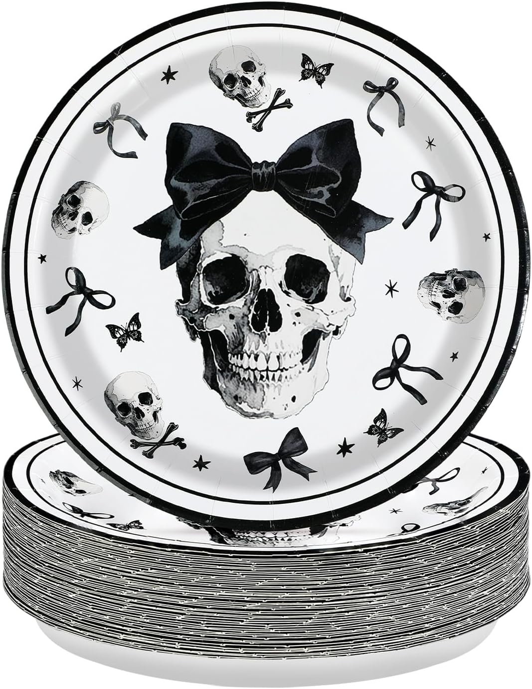 50 pack gothic skeleton paper plates with black bow skull design